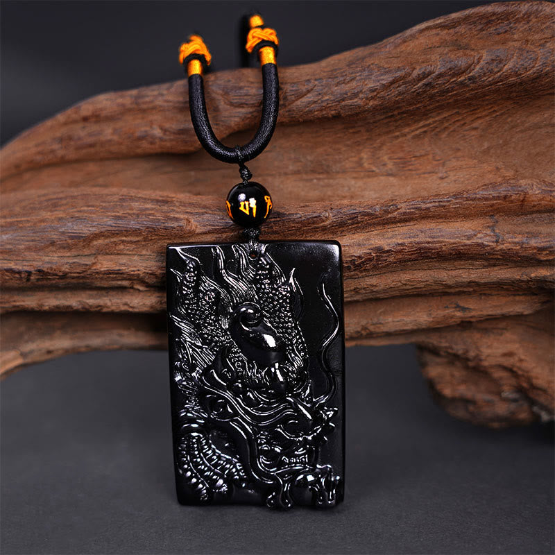 Wear FengShui Natural Black Obsidian Rectangular Dragon Engraved Success Necklace Pendant