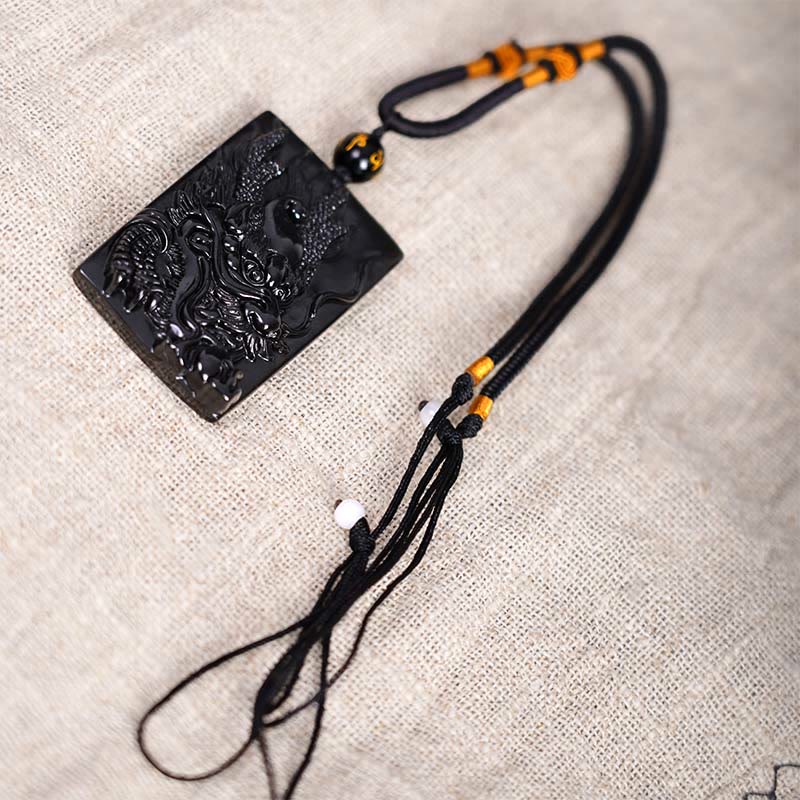 Wear FengShui Natural Black Obsidian Rectangular Dragon Engraved Success Necklace Pendant