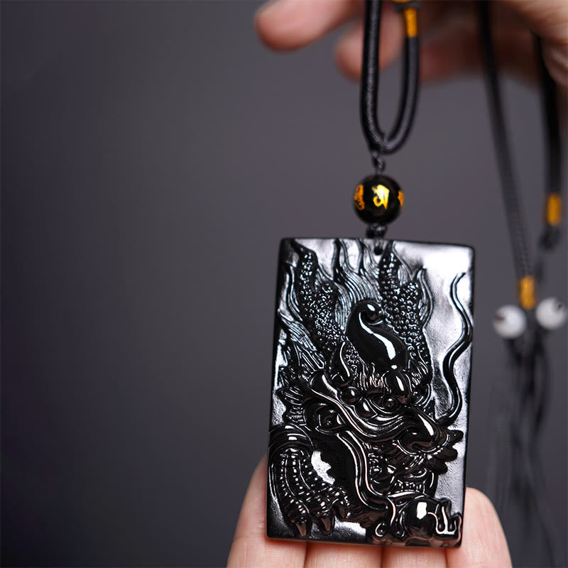 Wear FengShui Natural Black Obsidian Rectangular Dragon Engraved Success Necklace Pendant