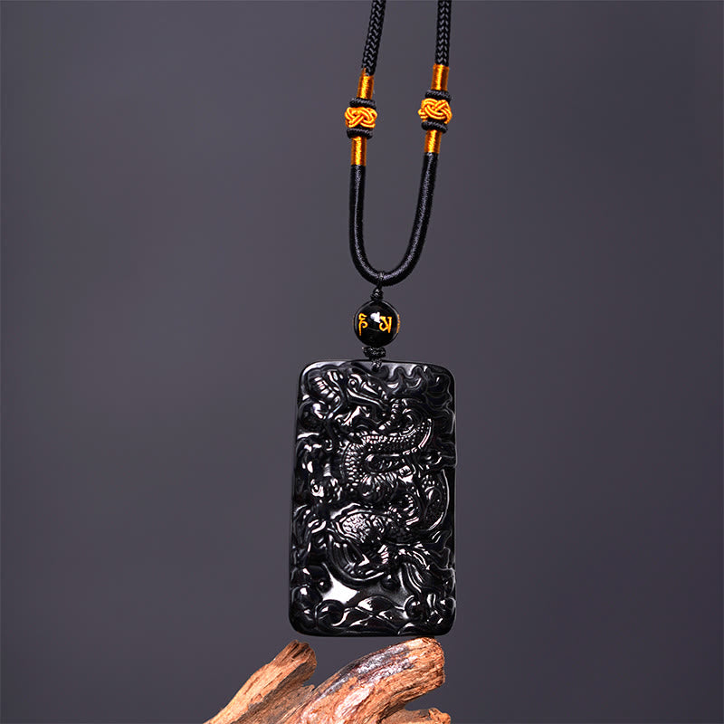 Wear FengShui Natural Black Obsidian Rectangular Dragon Engraved Success Necklace Pendant