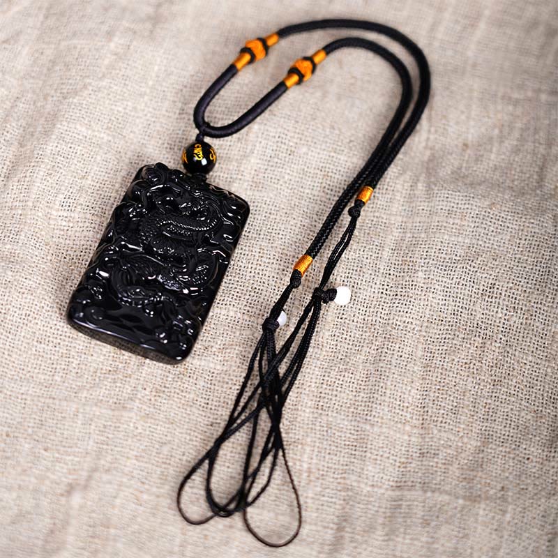 Wear FengShui Natural Black Obsidian Rectangular Dragon Engraved Success Necklace Pendant