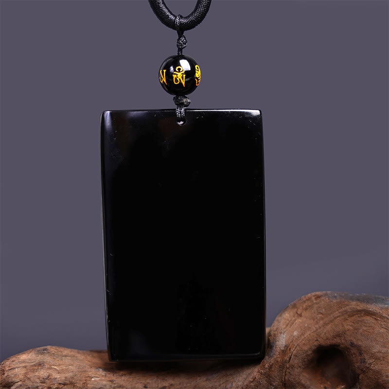 Wear FengShui Natural Black Obsidian Rectangular Dragon Engraved Success Necklace Pendant