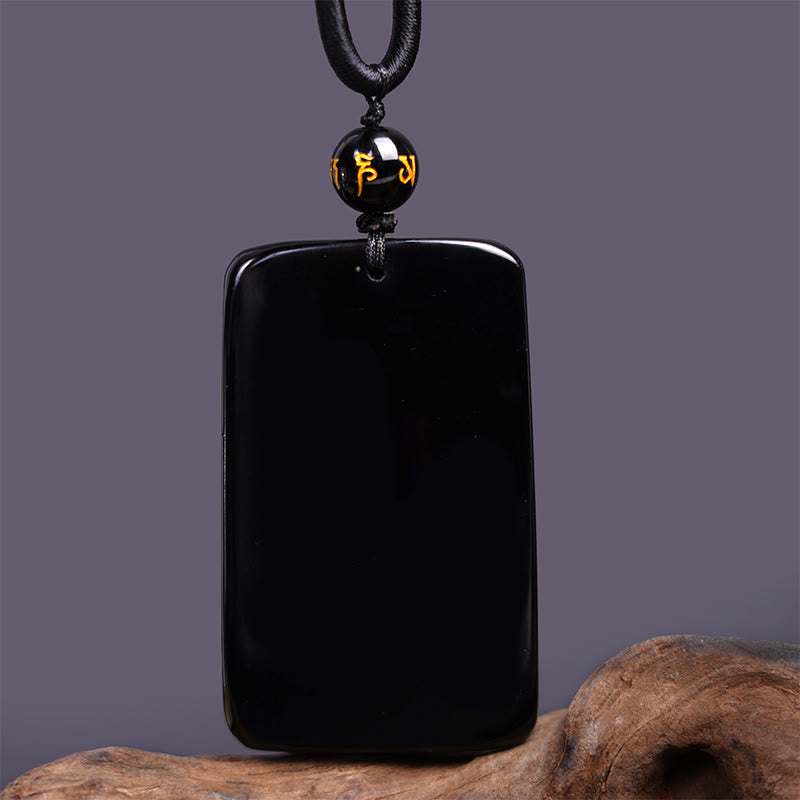 Wear FengShui Natural Black Obsidian Rectangular Dragon Engraved Success Necklace Pendant