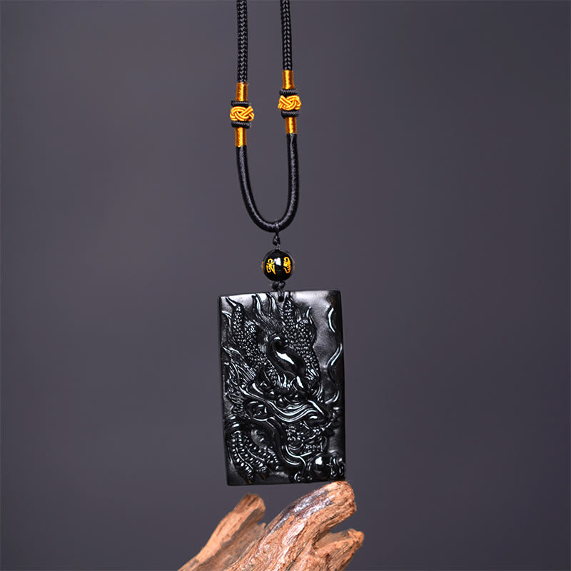 Wear FengShui Natural Black Obsidian Rectangular Dragon Engraved Success Necklace Pendant