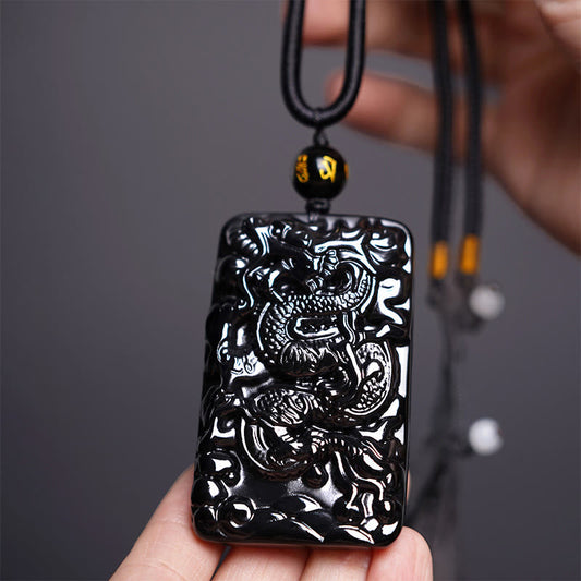 Wear FengShui Natural Black Obsidian Rectangular Dragon Engraved Success Necklace Pendant