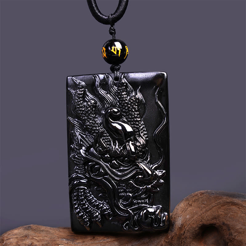 Wear FengShui Natural Black Obsidian Rectangular Dragon Engraved Success Necklace Pendant