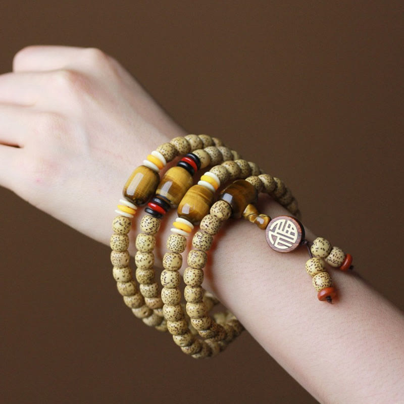 Wear FengShui 108 Mala Beads Bodhi Seed Tiger's Eye Fu Character Peace Bracelet