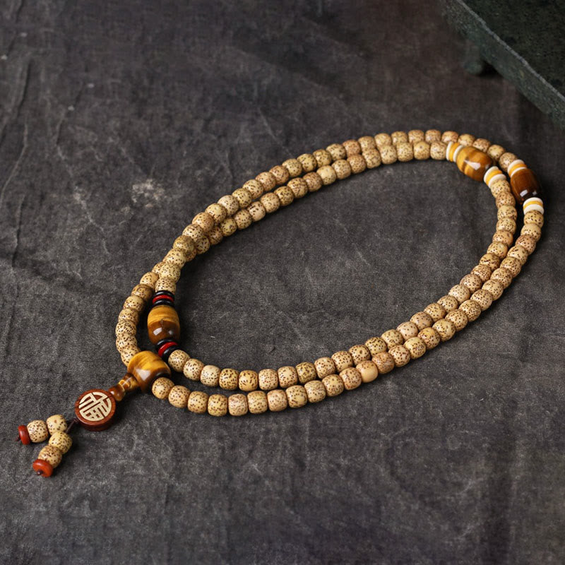 Wear FengShui 108 Mala Beads Bodhi Seed Tiger's Eye Fu Character Peace Bracelet