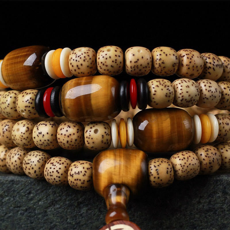Wear FengShui 108 Mala Beads Bodhi Seed Tiger's Eye Fu Character Peace Bracelet