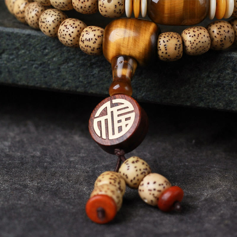 Wear FengShui 108 Mala Beads Bodhi Seed Tiger's Eye Fu Character Peace Bracelet