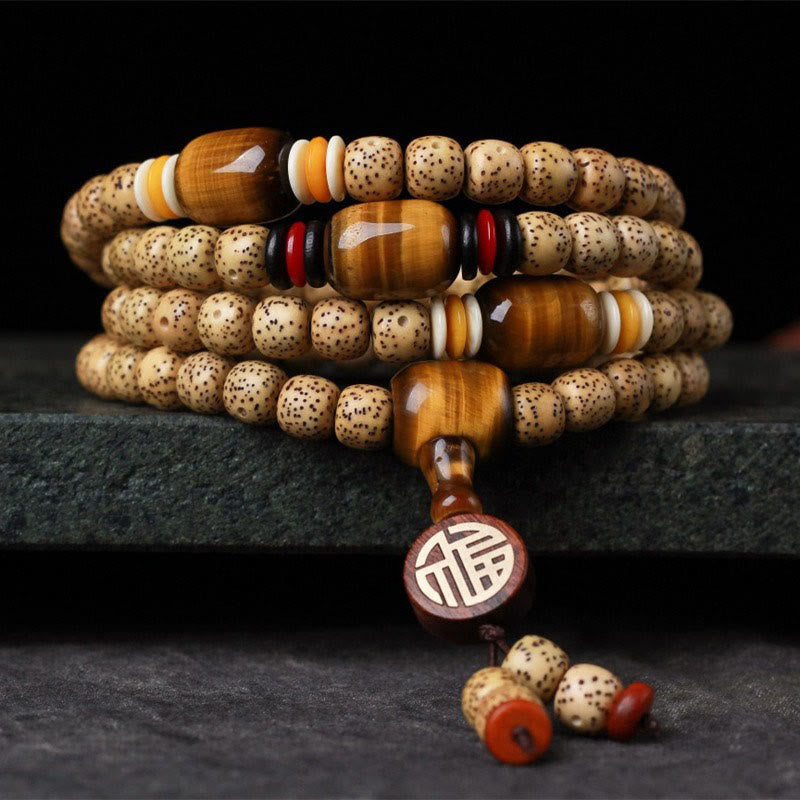Wear FengShui 108 Mala Beads Bodhi Seed Tiger's Eye Fu Character Peace Bracelet