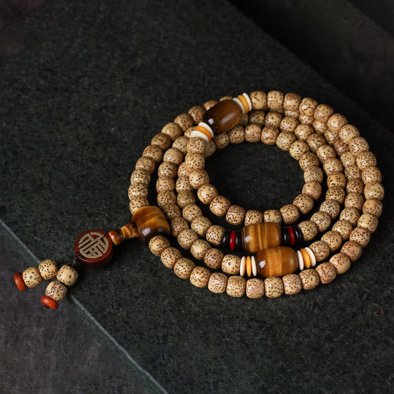 Wear FengShui 108 Mala Beads Bodhi Seed Tiger's Eye Fu Character Peace Bracelet