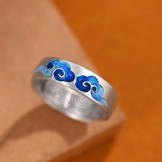 Wear FengShui Blue Auspicious Clouds Pattern Wealth Copper Adjustable Ring
