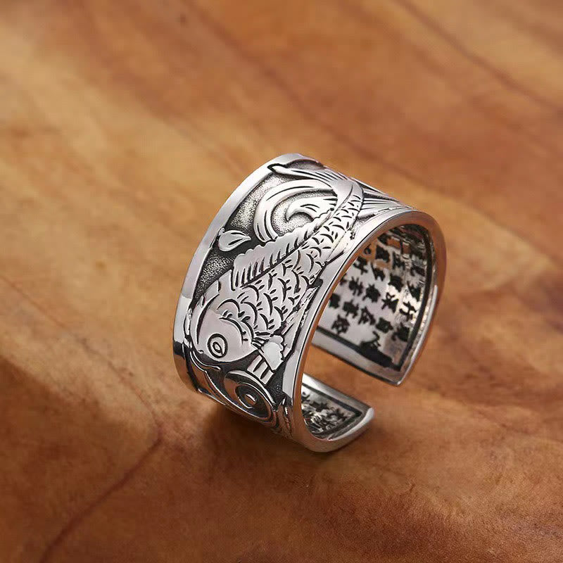 Wear FengShui Koi Fish Heart Sutra Carved Design Luck Wealth Ring