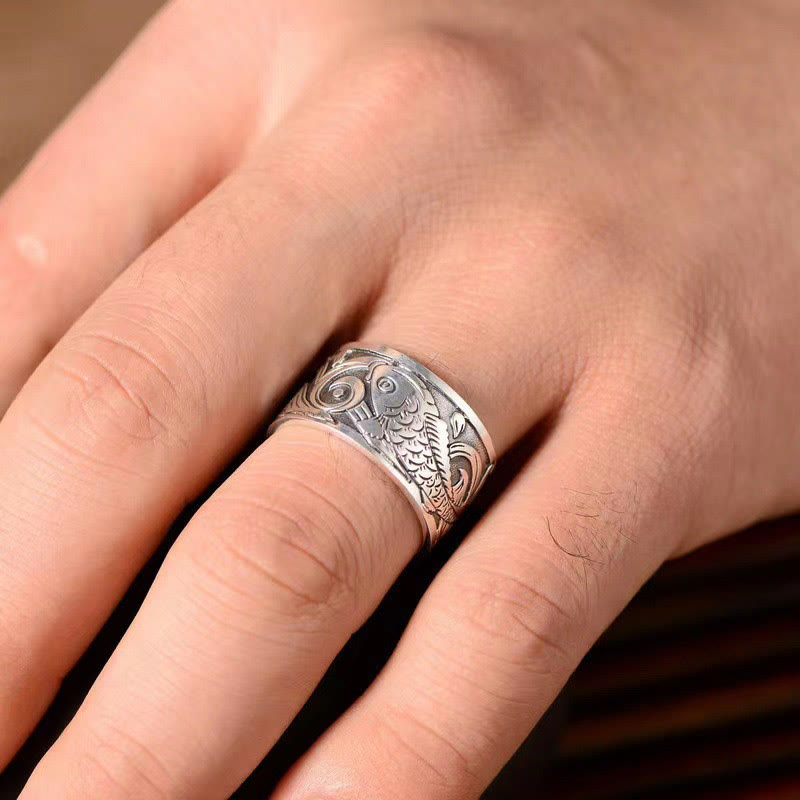 Wear FengShui Koi Fish Heart Sutra Carved Design Luck Wealth Ring