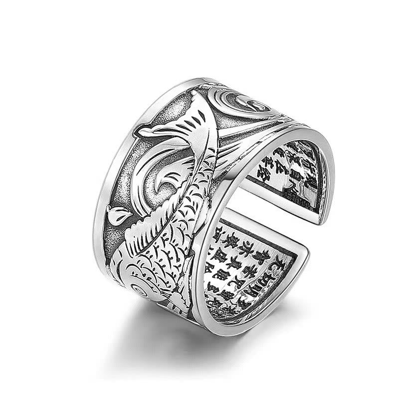 Wear FengShui Koi Fish Heart Sutra Carved Design Luck Wealth Ring