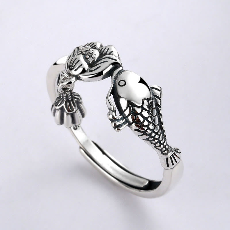 Wear FengShui 925 Sterling Silver Koi Fish Lotus Flower Success Ring