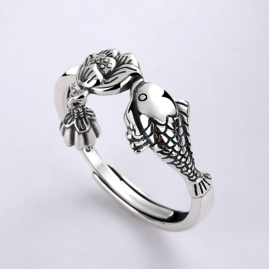 Wear FengShui 925 Sterling Silver Koi Fish Lotus Flower Success Ring