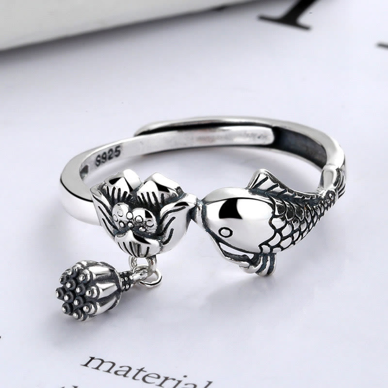 Wear FengShui 925 Sterling Silver Koi Fish Lotus Flower Success Ring