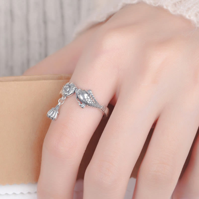 Wear FengShui 925 Sterling Silver Koi Fish Lotus Flower Success Ring