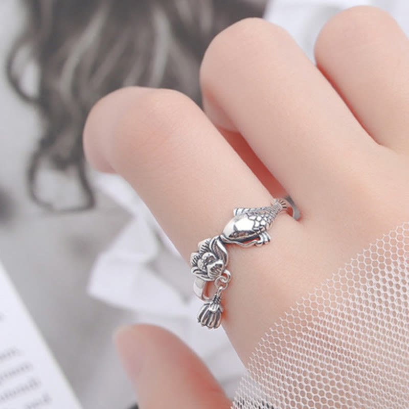 Wear FengShui 925 Sterling Silver Koi Fish Lotus Flower Success Ring