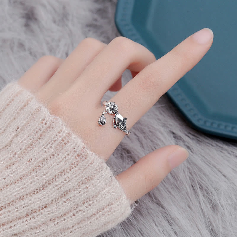 Wear FengShui 925 Sterling Silver Koi Fish Lotus Flower Success Ring