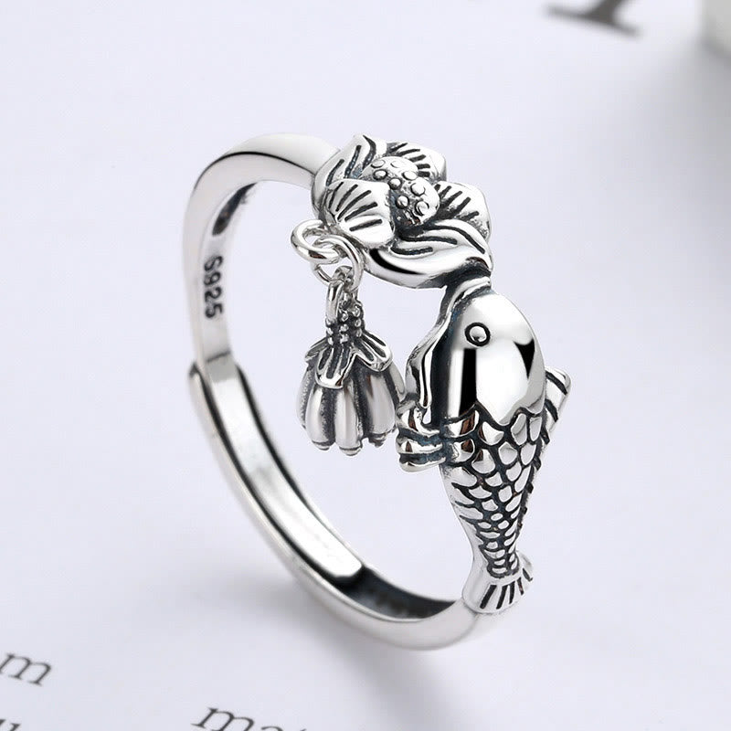 Wear FengShui 925 Sterling Silver Koi Fish Lotus Flower Success Ring