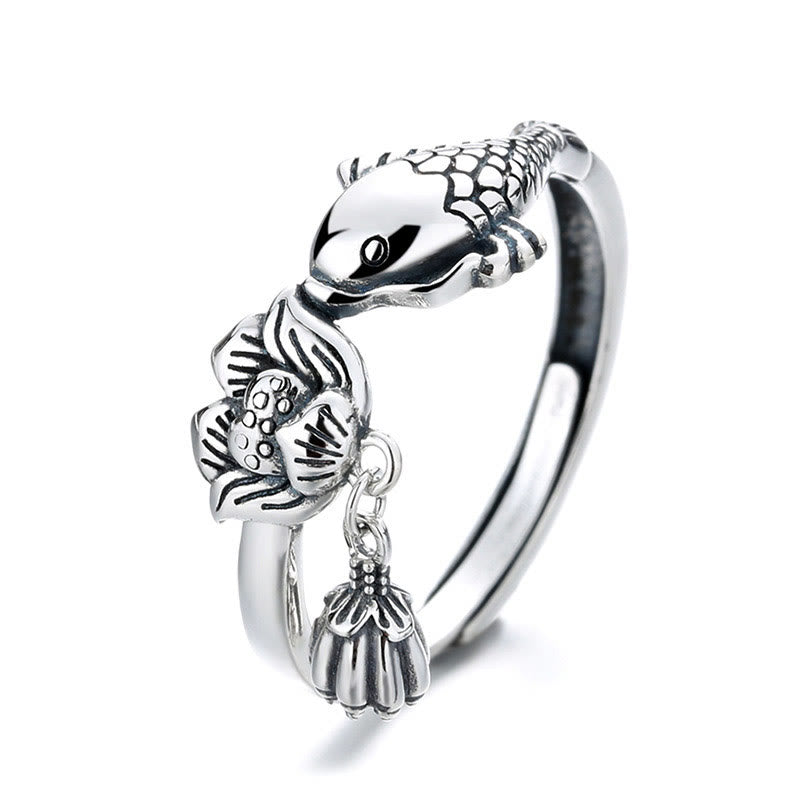 Wear FengShui 925 Sterling Silver Koi Fish Lotus Flower Success Ring