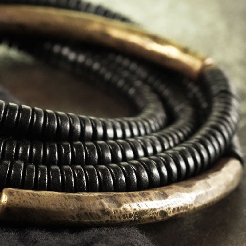 Wear FengShui Tibetan Ebony Wood Beads Copper Peace Multilayered Bracelet