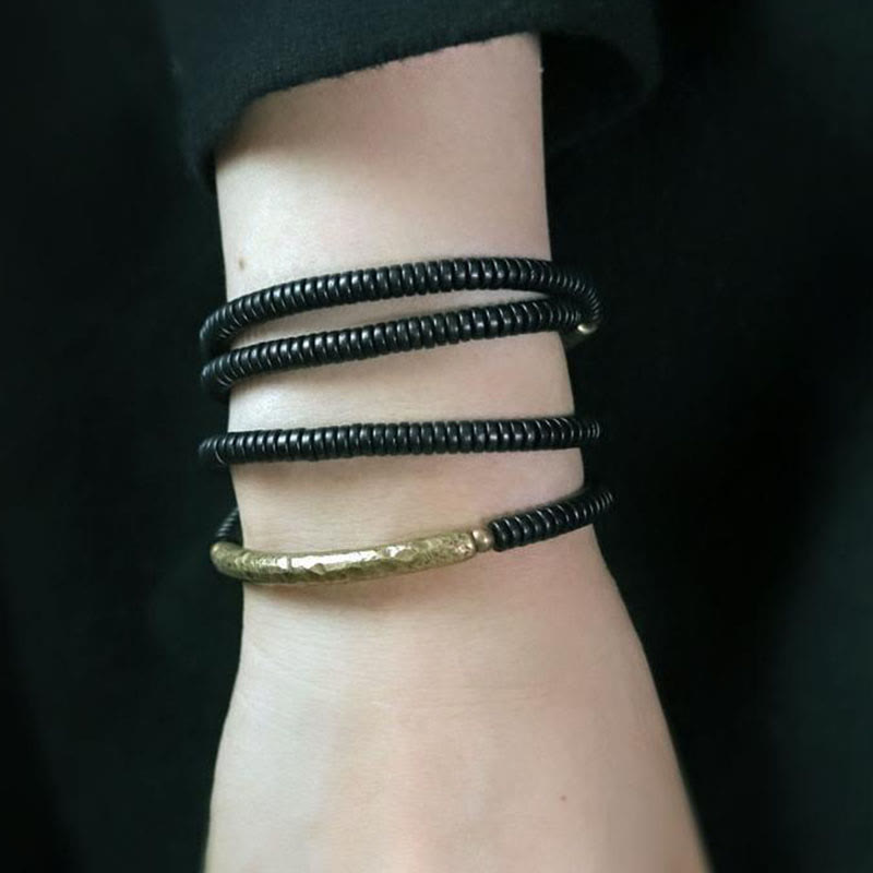 Wear FengShui Tibetan Ebony Wood Beads Copper Peace Multilayered Bracelet