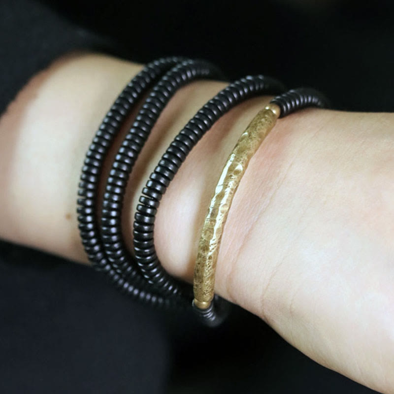 Wear FengShui Tibetan Ebony Wood Beads Copper Peace Multilayered Bracelet
