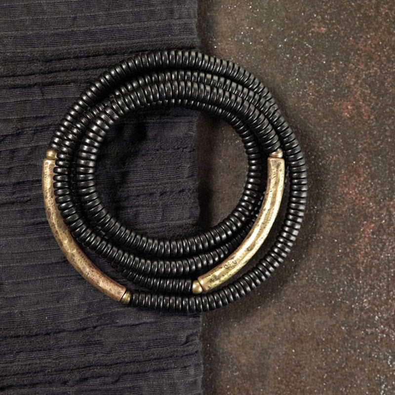 Wear FengShui Tibetan Ebony Wood Beads Copper Peace Multilayered Bracelet