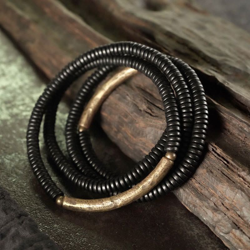 Wear FengShui Tibetan Ebony Wood Beads Copper Peace Multilayered Bracelet