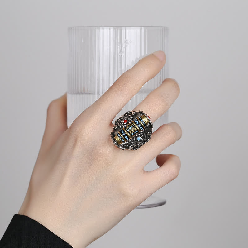 Wear FengShui Tibetan Om Mani Padme Hum Garuda Dzi Bead Pattern Peace Rotatable Ring