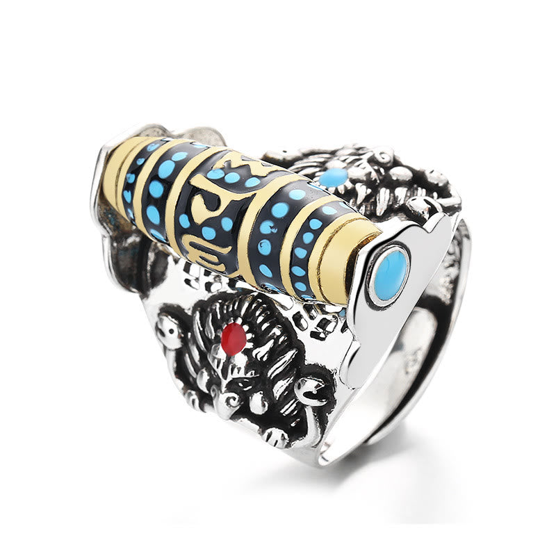 Wear FengShui Tibetan Om Mani Padme Hum Garuda Dzi Bead Pattern Peace Rotatable Ring