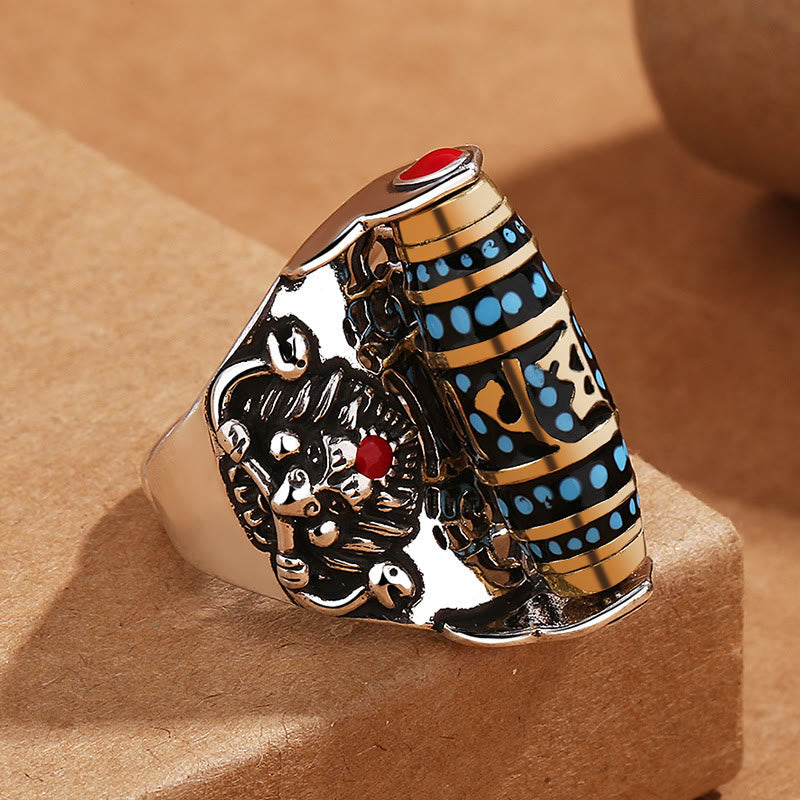 Wear FengShui Tibetan Om Mani Padme Hum Garuda Dzi Bead Pattern Peace Rotatable Ring