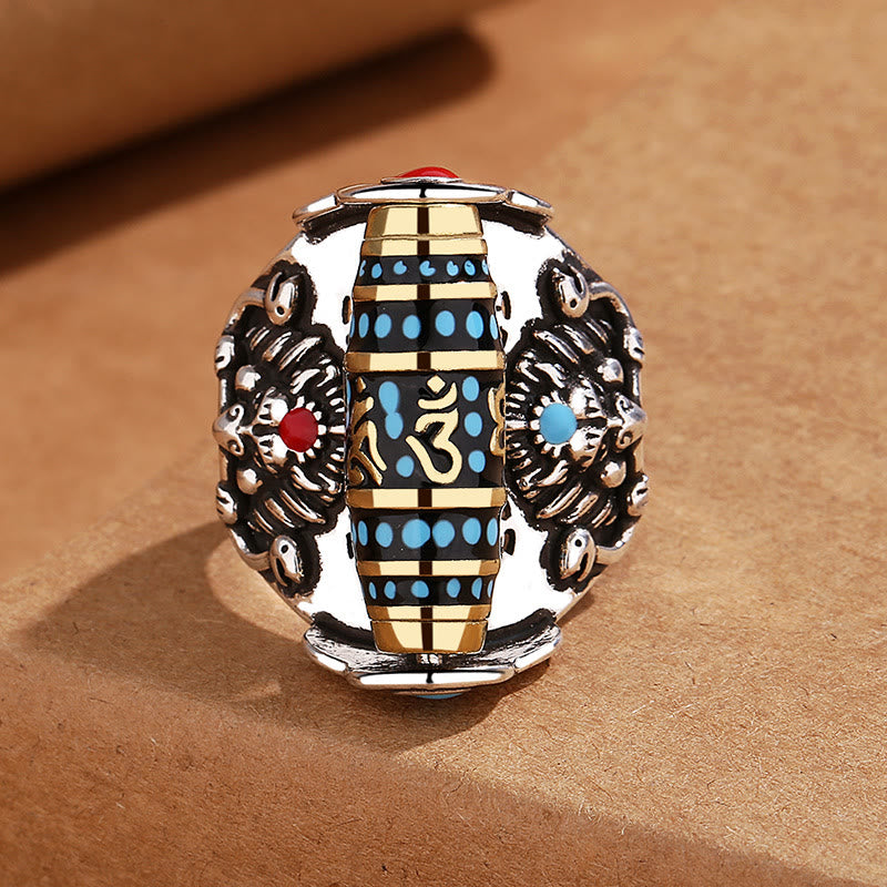 Wear FengShui Tibetan Om Mani Padme Hum Garuda Dzi Bead Pattern Peace Rotatable Ring