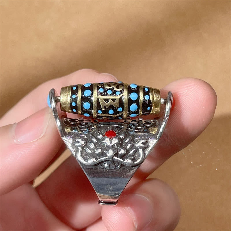 Wear FengShui Tibetan Om Mani Padme Hum Garuda Dzi Bead Pattern Peace Rotatable Ring