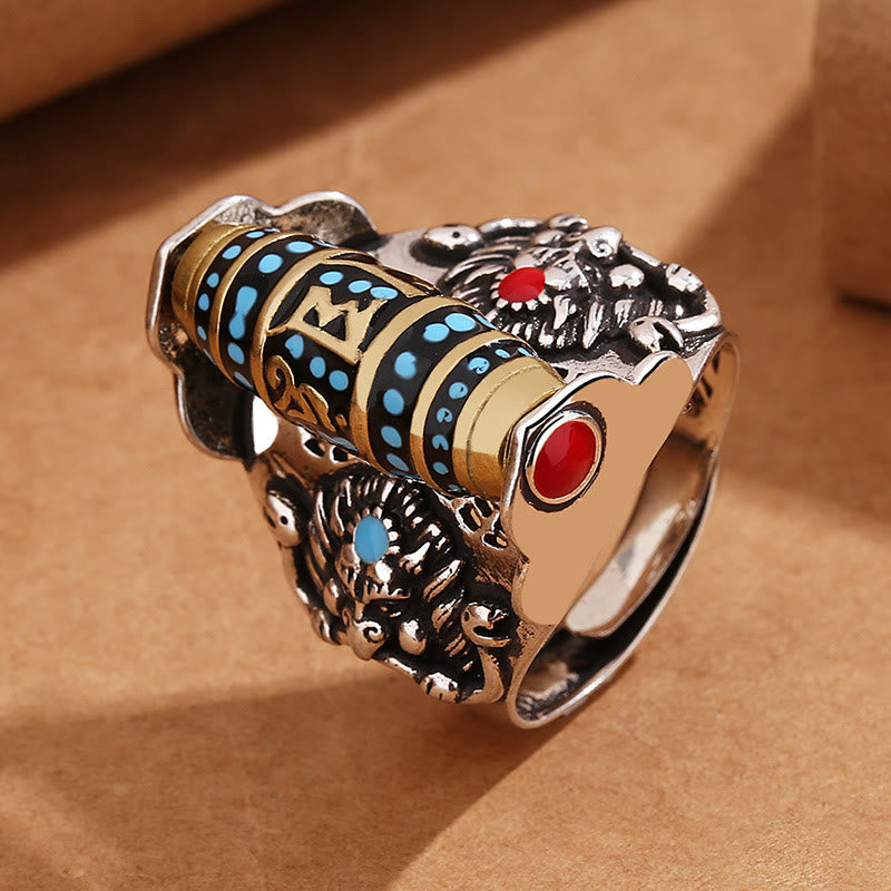 Wear FengShui Tibetan Om Mani Padme Hum Garuda Dzi Bead Pattern Peace Rotatable Ring