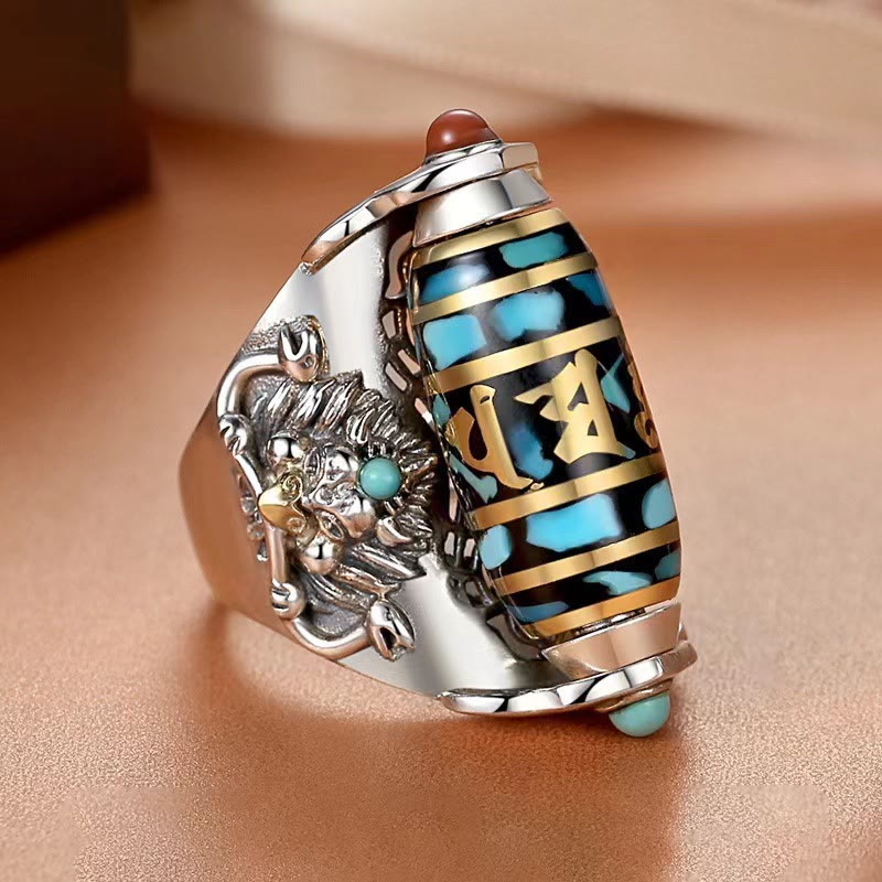Wear FengShui Tibetan Om Mani Padme Hum Garuda Dzi Bead Pattern Peace Rotatable Ring