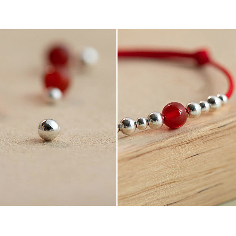 Wear FengShui Handmade 925 Sterling Silver Fu Character Red Agate Fortune Braided Ultra-Thin Rope Bracelet