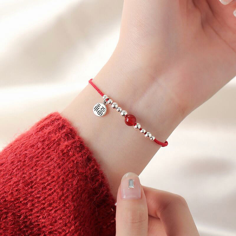 Wear FengShui Handmade 925 Sterling Silver Fu Character Red Agate Fortune Braided Ultra-Thin Rope Bracelet