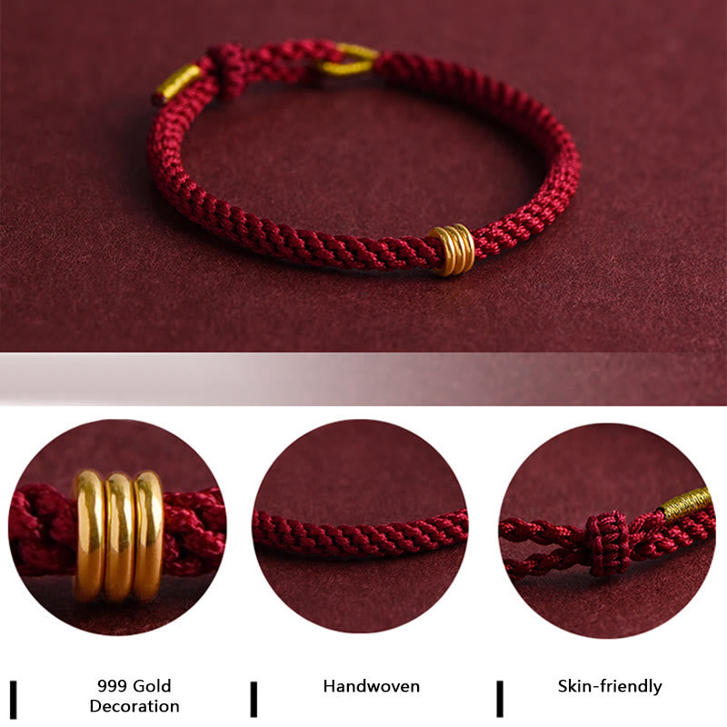 Wear FengShui 999 Gold Triple Ring Design Handmade Connection Braided Rope Bracelet