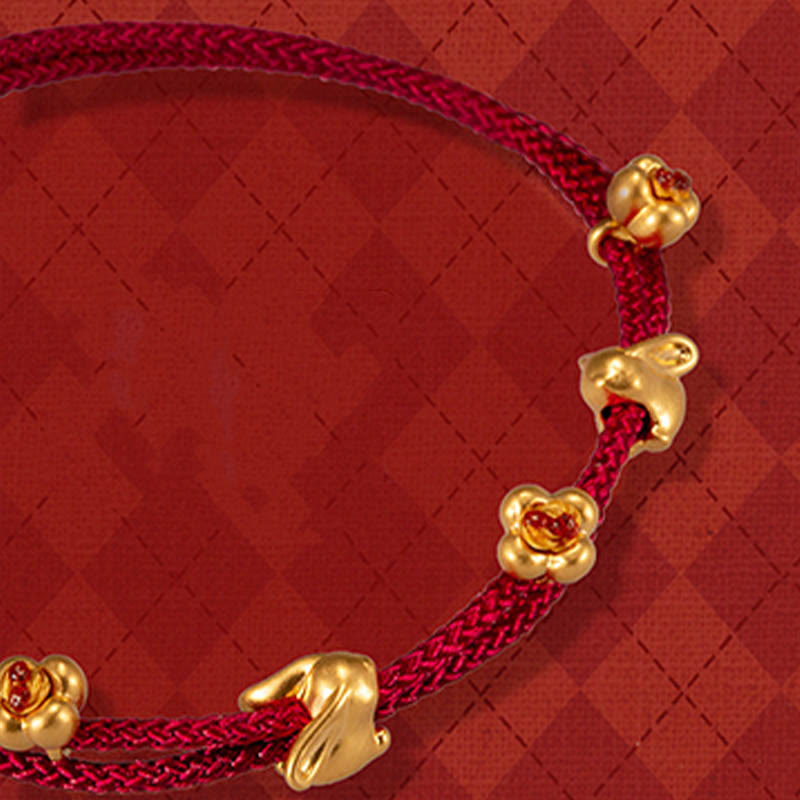 Wear FengShui 999 Gold Small Lucky Rabbit Osmanthus Design Handmade Luck Braided Rope Bracelet