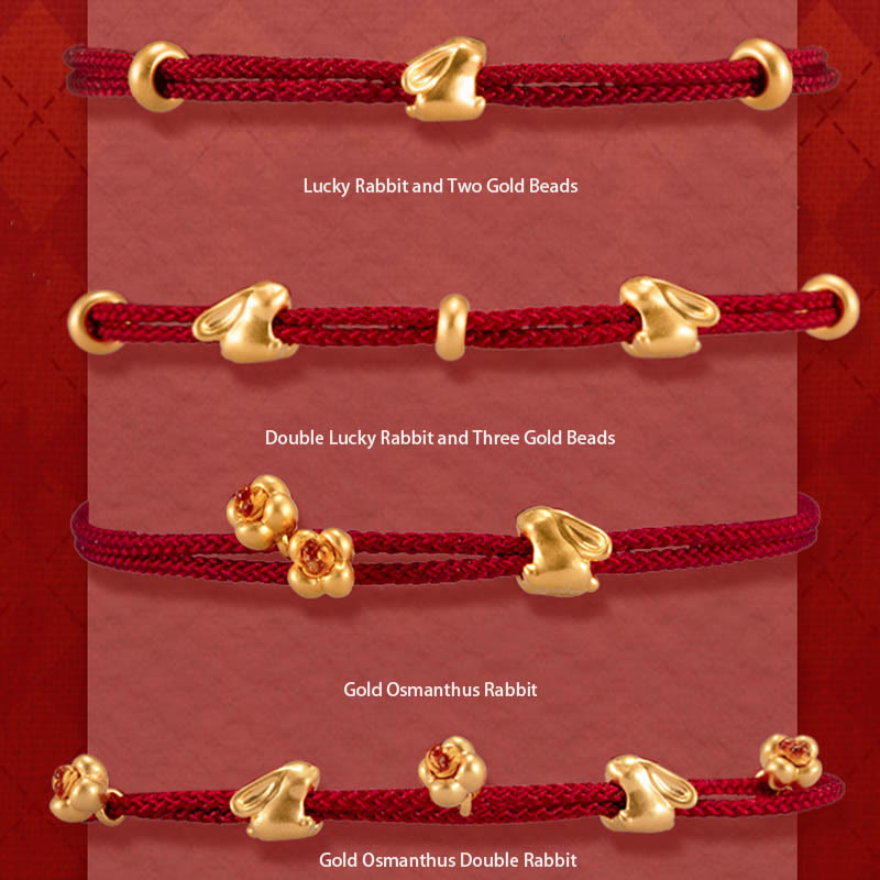 Wear FengShui 999 Gold Small Lucky Rabbit Osmanthus Design Handmade Luck Braided Rope Bracelet