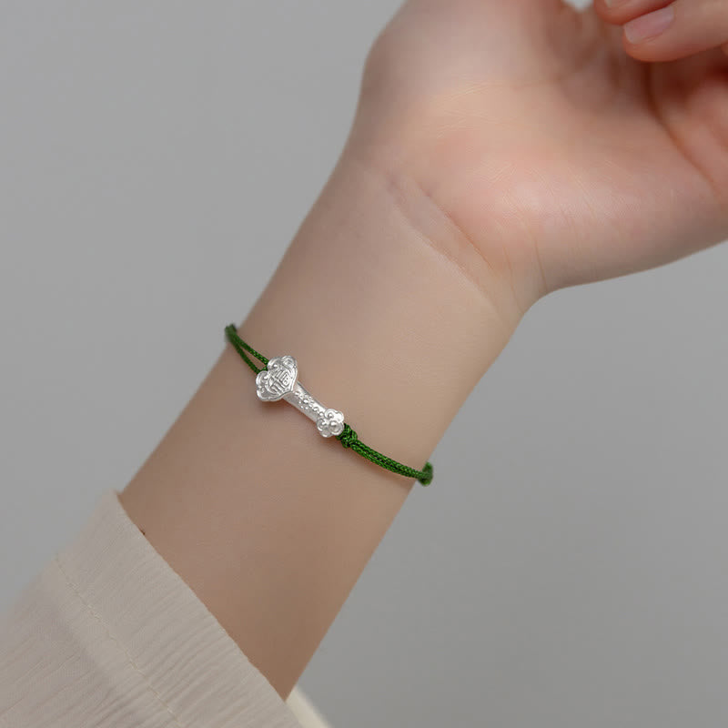 Wear FengShui Handmade 999 Sterling Silver Fu Character Wish Ruyi Handle Luck Braided Green Rope Bracelet