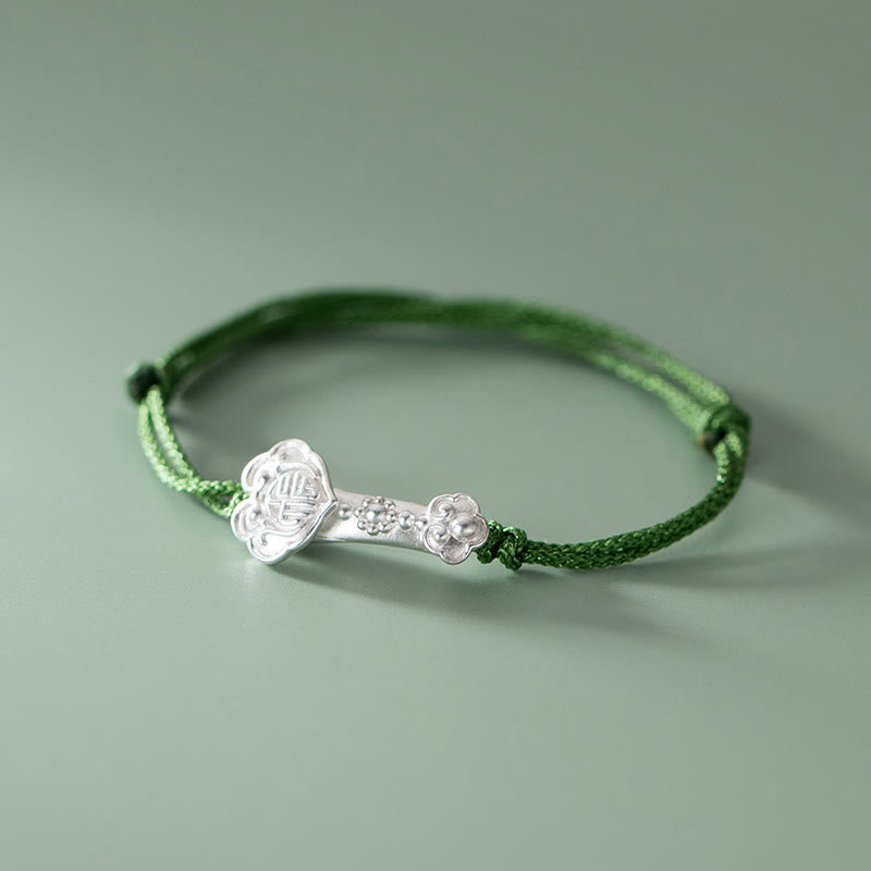 Wear FengShui Handmade 999 Sterling Silver Fu Character Wish Ruyi Handle Luck Braided Green Rope Bracelet