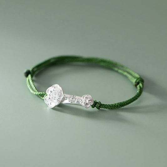 Wear FengShui Handmade 999 Sterling Silver Fu Character Wish Ruyi Handle Luck Braided Green Rope Bracelet