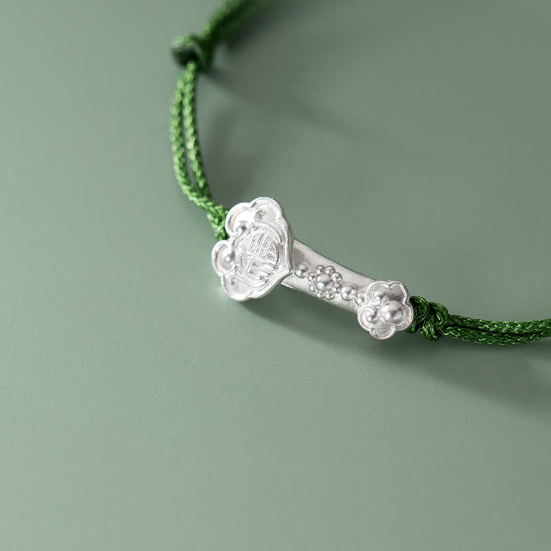 Wear FengShui Handmade 999 Sterling Silver Fu Character Wish Ruyi Handle Luck Braided Green Rope Bracelet
