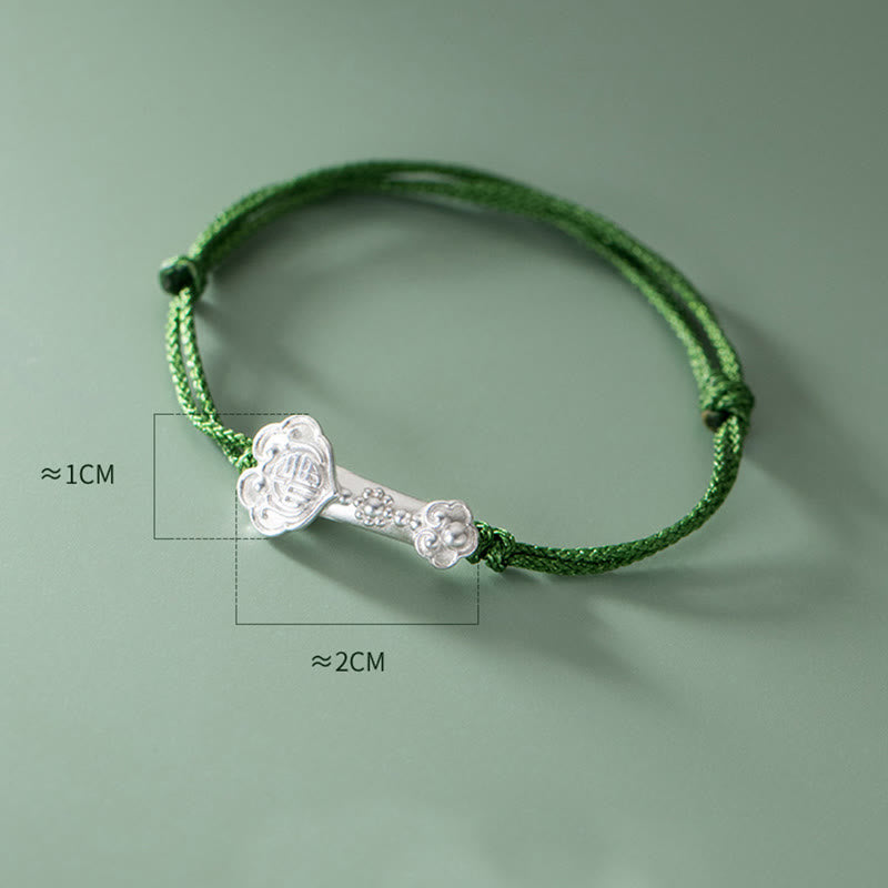 Wear FengShui Handmade 999 Sterling Silver Fu Character Wish Ruyi Handle Luck Braided Green Rope Bracelet